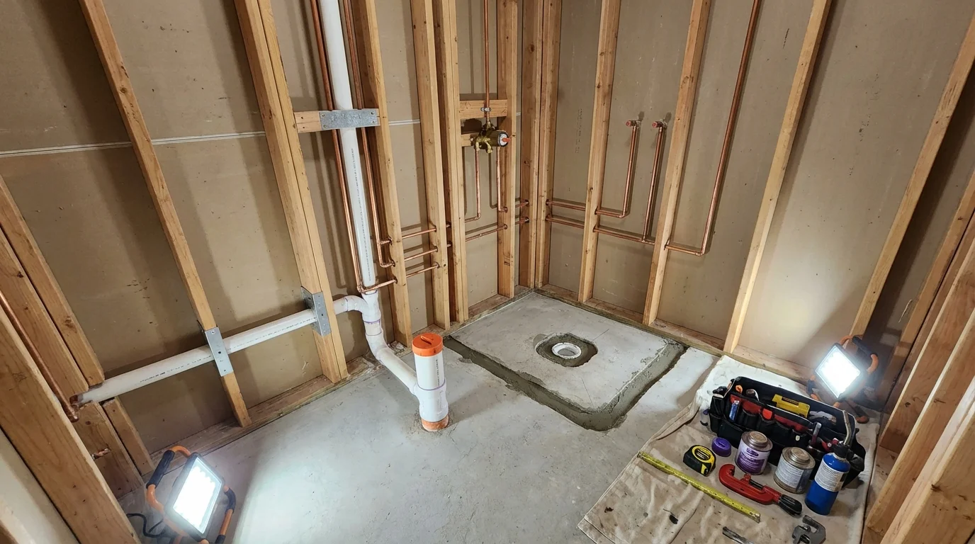 Bathroom rough-in plumbing during remodel by Johns Plumbing LLC in Williamstown