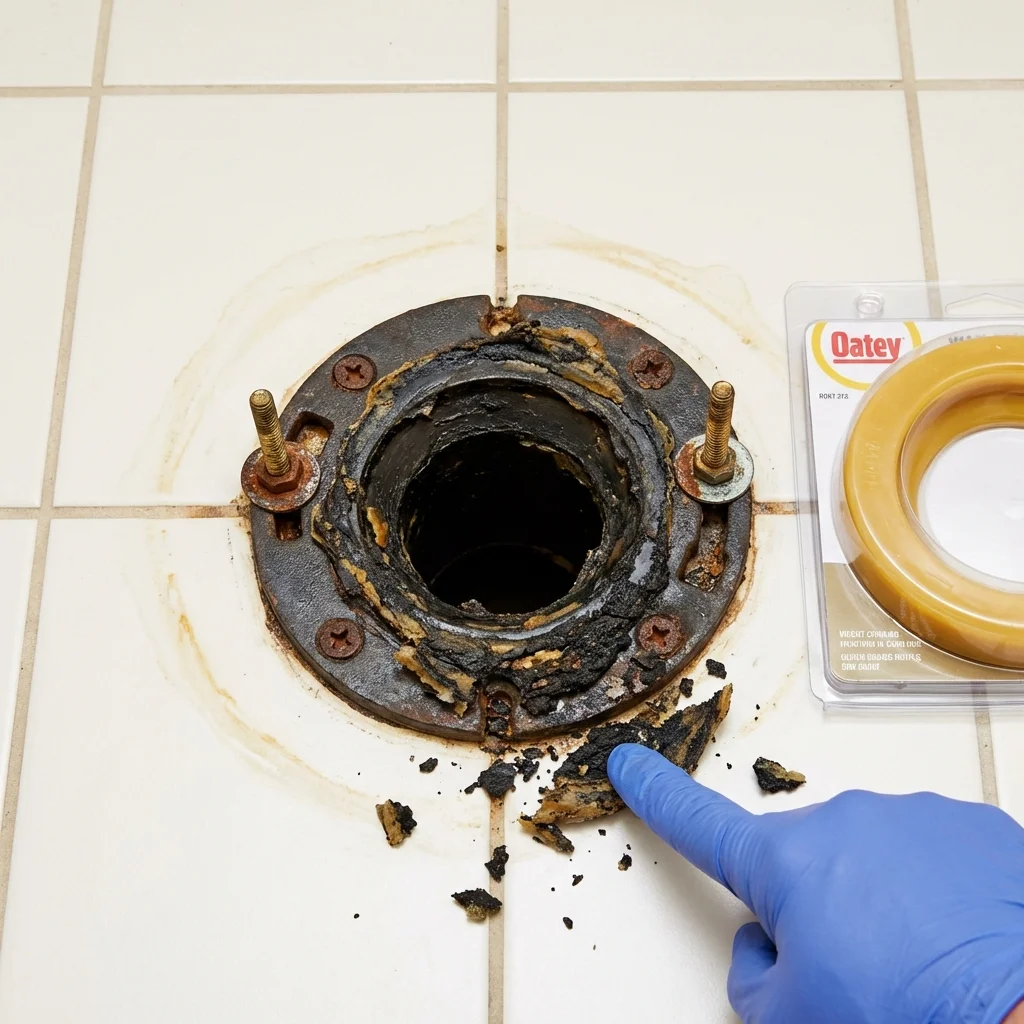 Failed wax ring showing water seepage at the base of a toilet in a Williamstown, WV home