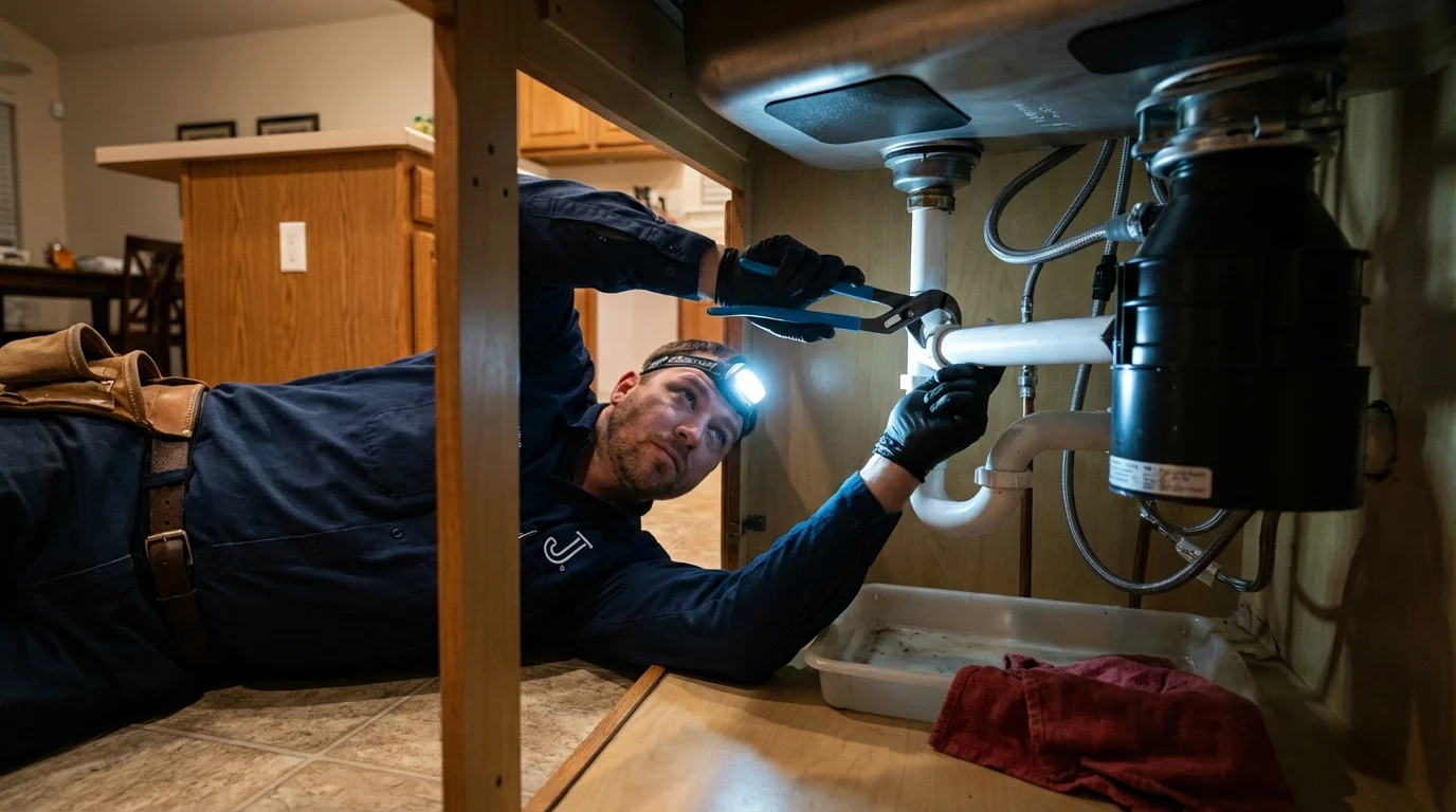 P-trap and supply line connections under a kitchen sink showing a common leak point in Williamstown, WV